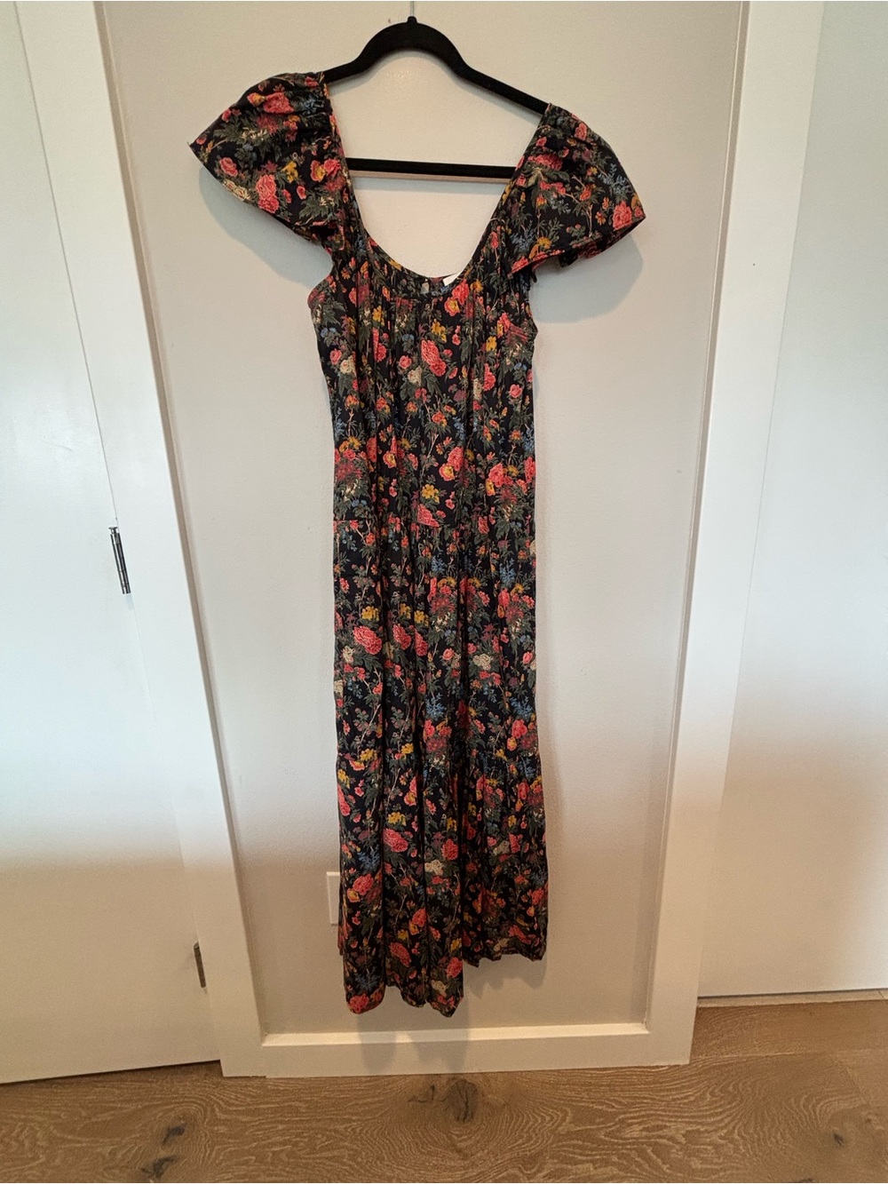THE GREAT. Black Floral Maxi Dress with Puff Sleeves